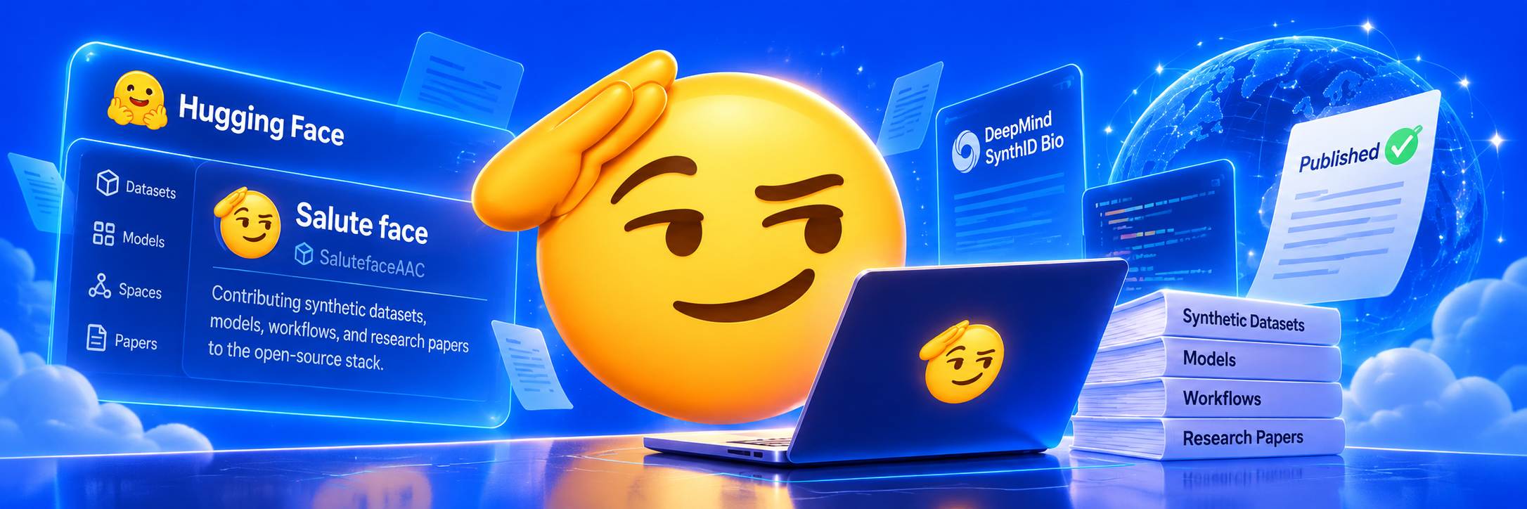 Salute face at a laptop inside a bright blue open-source publishing workspace, surrounded by research interfaces and published documents